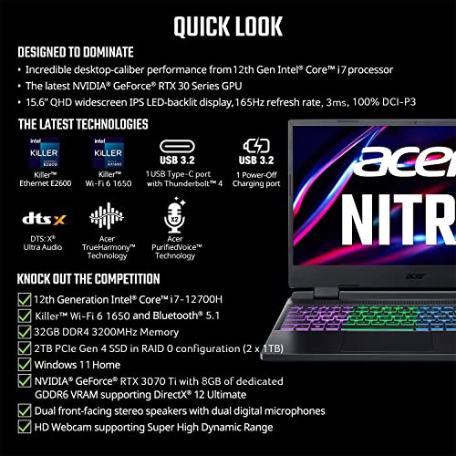 Acer Nitro 5 AN515-58-7583 Gaming Laptop | Intel Core i7-12700H | NVIDIA GeForce RTX 3070 Ti Laptop GPU | 15.6" QHD 165Hz 3ms IPS Display | 16GB DDR4 | 2TB SSD in RAID 0 | Killer WiFi 6 | RGB Keyboard