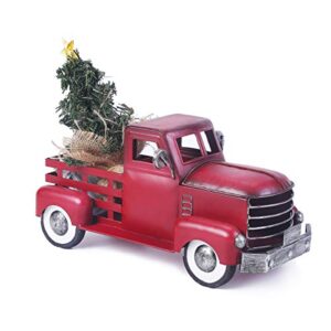 pylemon vintage red truck christmas decor with a lit-up removable christmas tree wrapped around by led lights string, farmhouse metal pickup truck decor, great gift for holiday decorations