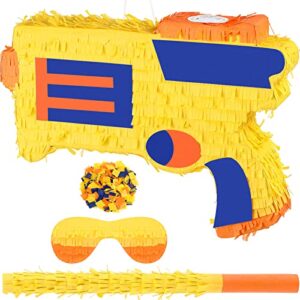 gun pinata small dart battle party supplies gun war theme party decorations for boys pinata bundle with wooden stick paper blindfold confetti set for kids birthday game decor,16.1 x 11.8 x 2.8 inch