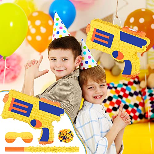 Gun Pinata Small Dart Battle Party Supplies Gun War Theme Party Decorations for Boys Pinata Bundle with Wooden Stick Paper Blindfold Confetti Set for Kids Birthday Game Decor,16.1 x 11.8 x 2.8 Inch