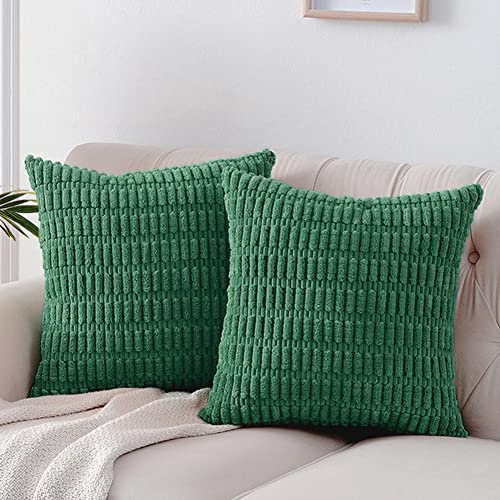 Fancy Homi 2 Packs Emerald Green Decorative Throw Pillow Covers 18x18 Inch for Living Room Couch Bed Sofa, Christmas Home Decor, Soft Striped Corduroy Square Cushion Case 45x45 cm