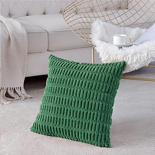 Fancy Homi 2 Packs Emerald Green Decorative Throw Pillow Covers 18x18 Inch for Living Room Couch Bed Sofa, Christmas Home Decor, Soft Striped Corduroy Square Cushion Case 45x45 cm