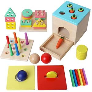 bestamtoy wooden montessori toy for 1+ year old, shape sorter,object permanence box, coin box, carrot harvest, toddler learning toy for kid age 1, 2, 3 year old, girl boy gift for baby 6-12 month