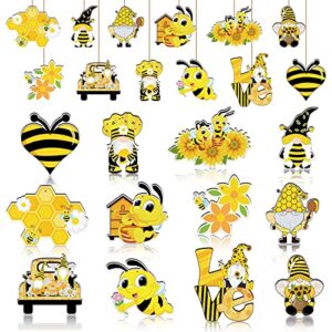 summer tree decorations bee ornaments - 36pcs bee gnome wooden decor with rope for summer home bee themed tree hanging decorations
