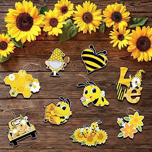 Summer Tree Decorations Bee Ornaments - 36pcs Bee Gnome Wooden Decor with Rope for Summer Home Bee Themed Tree Hanging Decorations