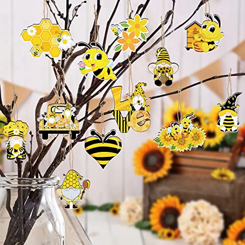 Summer Tree Decorations Bee Ornaments - 36pcs Bee Gnome Wooden Decor with Rope for Summer Home Bee Themed Tree Hanging Decorations