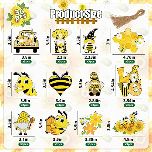 Summer Tree Decorations Bee Ornaments - 36pcs Bee Gnome Wooden Decor with Rope for Summer Home Bee Themed Tree Hanging Decorations