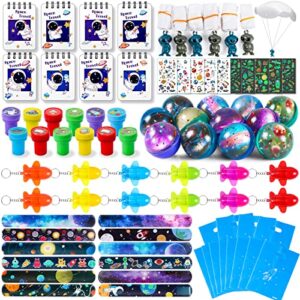 lorfancy 96 pcs outer space party favors kids space toys boys girls space themed party supplies slap bracelets tattoo stickers stampers bouncy ball keychains gift bags accessories birthday party decorations