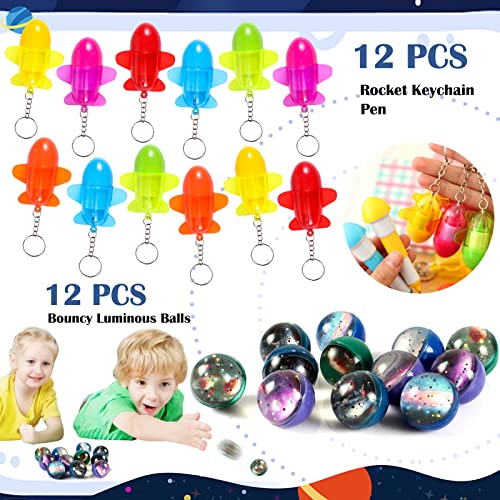 Lorfancy 96 Pcs Outer Space Party Favors Kids Space Toys Boys Girls Space Themed Party Supplies Slap Bracelets Tattoo Stickers Stampers Bouncy Ball Keychains Gift Bags Accessories Birthday Party Decorations