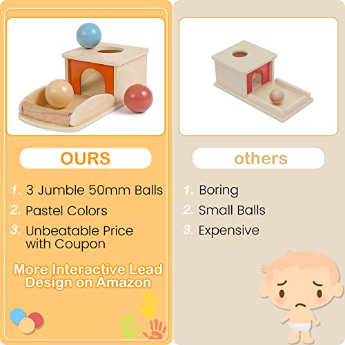 Zeoddler Object Permanence Box with Tray 3 Balls 50 mm, Montessori Toys for 1 Year Old, Wooden Toys for Toddlers, Preschool Learning Activities, Gift for Girls Boys