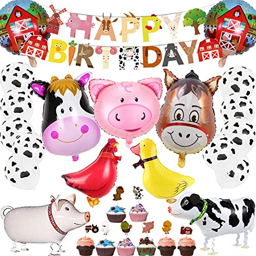 53Pcs Farm Birthday Party Supplies for Kids Barnyard Farm Animal Theme Party Decorations Animal Birthday Banner Farm Animal Walking Balloons Cow Print Balloons Cupcake Toppers Set for Boys Girls