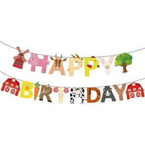 53Pcs Farm Birthday Party Supplies for Kids Barnyard Farm Animal Theme Party Decorations Animal Birthday Banner Farm Animal Walking Balloons Cow Print Balloons Cupcake Toppers Set for Boys Girls