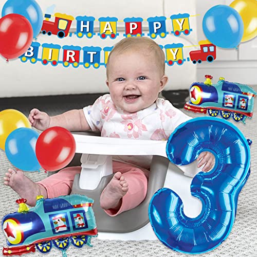 JOPARY Train 3rd Birthday Decorations Boys Train, 3 Years Old Birthday Party Supplies With Number 3 Foil Balloons Train Birthday Banner,Latex Balloons For Kids Train Birthday Party Decoration