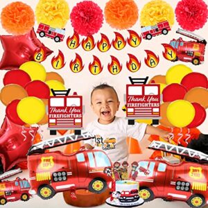 Fire Truck Theme Birthday Party Supplies Fireman Happy Birthday Banner Firefighter Cake Topper Balloon Sticker Decorations For Boys Birthday Party