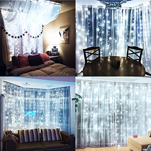 poripori 300 LED Curtain String Lights, Twinkle Fairy Lights for Bedroom with 8 Lighting Modes, USB Christmas Lights for Party Home Bedroom Indoor Wall Room Decor (White)