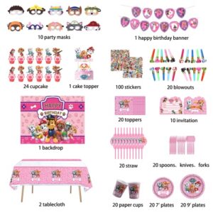 402PCS Paw Dog Birthday Decorations Party Supplies Serves 20 Guests Include Cake Toppers,Balloons,Banners,Plates,Cupcake Toppers,Movie Theme Birthday Party Supplies for Kids Boys Girls