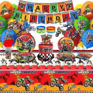 dirt bike party decorations, 113 pcs motorcycle theme party supplies include happy birthday banner, hanging swirls, cake toppers, ballons, plates and napkins, motocross birthday decorations for boys