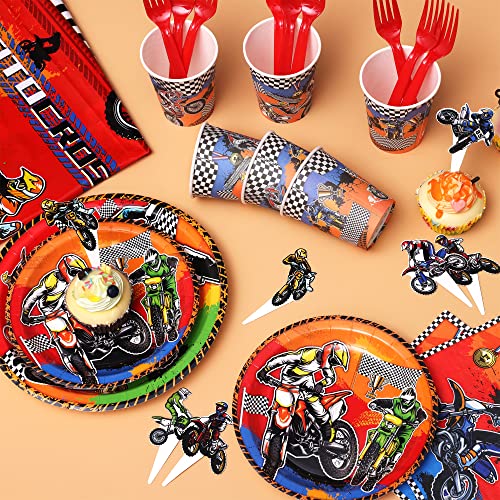 Dirt Bike Party Decorations, 113 PCS Motorcycle Theme Party Supplies Include Happy Birthday Banner, Hanging Swirls, Cake Toppers, Ballons, Plates and Napkins, Motocross Birthday Decorations for Boys