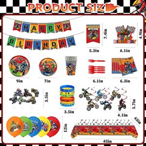 Dirt Bike Party Decorations, 113 PCS Motorcycle Theme Party Supplies Include Happy Birthday Banner, Hanging Swirls, Cake Toppers, Ballons, Plates and Napkins, Motocross Birthday Decorations for Boys