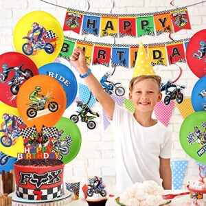 Dirt Bike Party Decorations, 113 PCS Motorcycle Theme Party Supplies Include Happy Birthday Banner, Hanging Swirls, Cake Toppers, Ballons, Plates and Napkins, Motocross Birthday Decorations for Boys