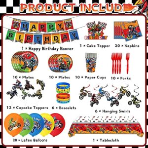 Dirt Bike Party Decorations, 113 PCS Motorcycle Theme Party Supplies Include Happy Birthday Banner, Hanging Swirls, Cake Toppers, Ballons, Plates and Napkins, Motocross Birthday Decorations for Boys