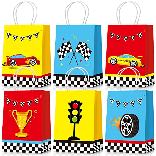 24 Pieces Race Car Party Bags Race Car Party Supplies Goodie Gift Bags Treat Bags with Handles for Checkered Flag Birthday Race Car Theme Party Decorations Boy Gifts