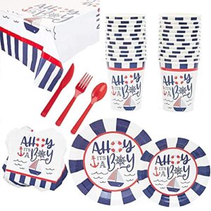 ahoy it's a boy baby shower, nautical anchor theme party supplies, decorations, plates, napkins, tablecloth, cups, cutlery (24 guests, 169 pieces)