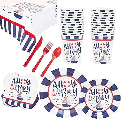 Ahoy It's a Boy Baby Shower, Nautical Anchor Theme Party Supplies, Decorations, Plates, Napkins, Tablecloth, Cups, Cutlery (24 Guests, 169 Pieces)