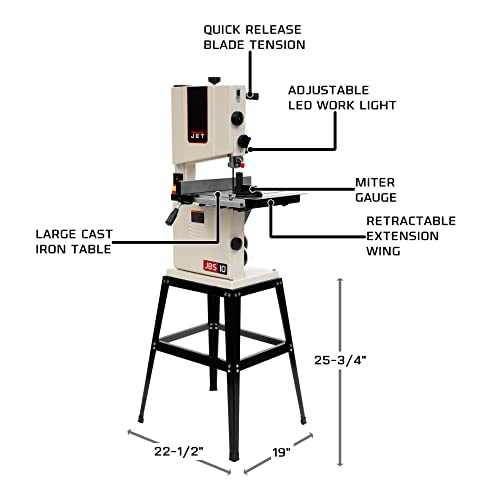 JET JWB-10, 10-Inch Woodworking Bandsaw with Stand, 1/2HP, 1Ph 115V (714000)