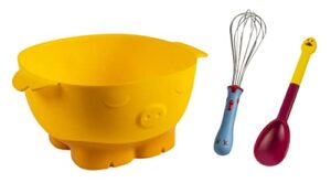 kuhn rikon kinderkitchen kids mixing set | pig mixing bowl, rooster whisk & goose stirring spoon | child-friendly kitchen tools for real cooking