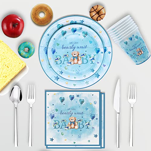 Oigco Teddy Bear Baby Shower Tableware Plates and Napkins - We Can Bearly Wait Baby Shower Decorations Supplies for 24 Guests Boy Bear Theme Party Supplies Kids Birthday Party and Baby Shower