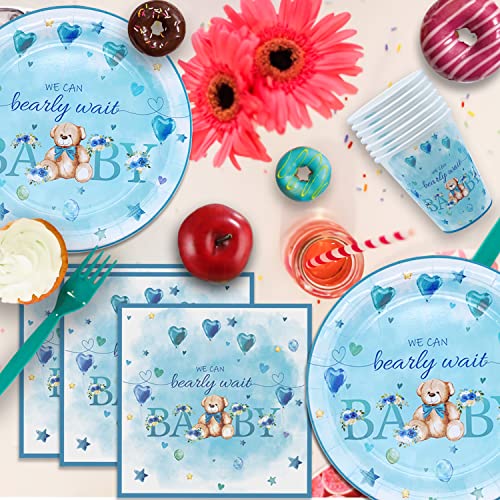 Oigco Teddy Bear Baby Shower Tableware Plates and Napkins - We Can Bearly Wait Baby Shower Decorations Supplies for 24 Guests Boy Bear Theme Party Supplies Kids Birthday Party and Baby Shower