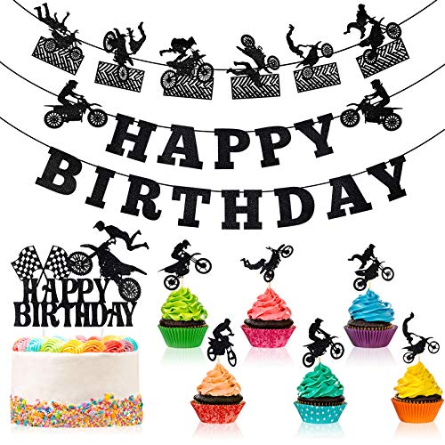 Zonon 20 Pieces Dirt Bike Birthday Decoration Dirt Bike Party Supplies Banner Cake Cupcake Topper for Motocross Themed Birthday Party Man or Boy Riding Room Wall Decoration (Classic Style)