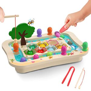 smilebank wooden montessori toys for 3 4 5 year old, toddler toys educational learning toys magnetic fishing game bee color sorting fine motor skills toys gifts for 3 4 5 6 year old boys girls