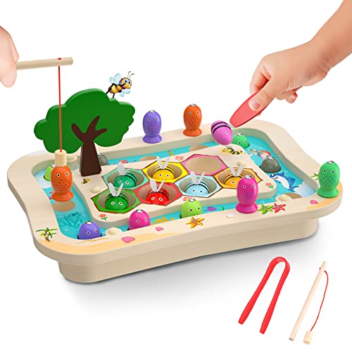 SmileBank Wooden Montessori Toys for 3 4 5 Year Old, Toddler Toys Educational Learning Toys Magnetic Fishing Game Bee Color Sorting Fine Motor Skills Toys Gifts for 3 4 5 6 Year Old Boys Girls