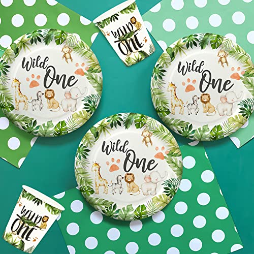 FVABO Wild One Birthday Decorations - Jungle Theme Party Supplies Tableware Includes Plates, Cup, Napkin, Balloon, Backdrop, Tablecloth, Straw, Cutlery, Banner, Safari Theme 1st Birthday Decorations