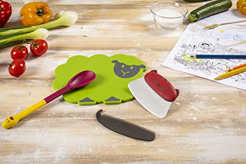 KUHN RIKON Kinderkitchen Kids Mezzaluna Knife With Blade Protector, Cat, 5.2" x 3.3" x 0.7", Red | Child-Friendly Cutting Tools For Real Cooking