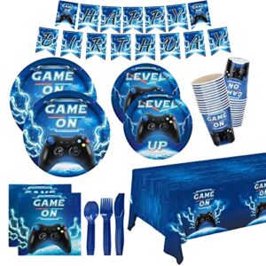 video game party supplies kit serve 25,includes dinner plates,dessert plates,napkins,cups,cutlery,tablecloth,banner for gamer birthday party decorations for boys adults.