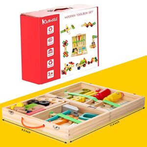 KIDWILL Tool Kit for Kids, 37 pcs Wooden Toddler Tools Set Includes Tool Box & Stickers, Montessori Educational Stem Construction Toys for 2 3 4 5 6 Year Old Boys Girls, Best Birthday Gift for Kids