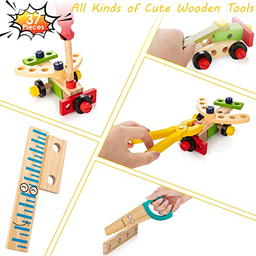 KIDWILL Tool Kit for Kids, 37 pcs Wooden Toddler Tools Set Includes Tool Box & Stickers, Montessori Educational Stem Construction Toys for 2 3 4 5 6 Year Old Boys Girls, Best Birthday Gift for Kids