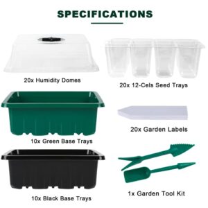 JERIA 20 Packs (240 Cell Seedling Starter Trays) Seed Starter Tray Seed Starter Kit with Humidity Adjustable Dome,Plant Germination Trays for Seeds Growing Starting Plant Starter Kit (Green and Black)