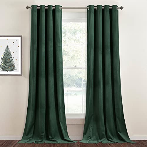 StangH Dark Green Velvet Curtains - Super Soft Blackout Panels Holiday Decor Christmas Backdrop Curtains, Grommet Thermal Insulated Sliding Door Covering, Wide 52 by Long 96 inch, 2 Panels