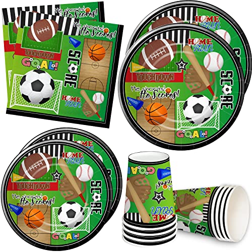 Xigejob Sports Party Supplies Tableware, Sports Party Decorations Include Plates, Cups, Napkins, Sports Theme Birthday Party Supplies, Soccer Basketball Baseball Football Theme Dinnerware | Serve 24