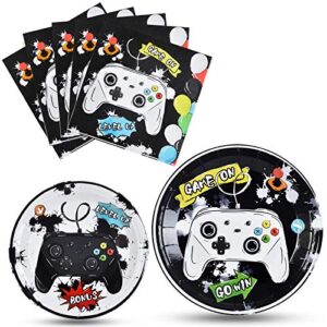 wernnsai watercolor video game party plates and napkins - gaming birthday party supplies for boys game lovers disposable dinner dessert cake paper plates lunch napkins serves 16 guests 48 pcs