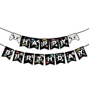 watercolor video game birthday banner - gaming birthday party decorations for boys kids game themed party supplies pre-assembled bunting garland hanging wall decor
