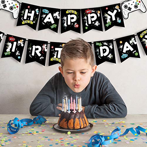 Watercolor Video Game Birthday Banner - Gaming Birthday Party Decorations for Boys Kids Game Themed Party Supplies Pre-Assembled Bunting Garland Hanging Wall Decor