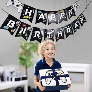 Watercolor Video Game Birthday Banner - Gaming Birthday Party Decorations for Boys Kids Game Themed Party Supplies Pre-Assembled Bunting Garland Hanging Wall Decor