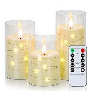 amagic flameless candles with flickering string lights, led battery operated candles, embedded string light candle with remote and timers for home decoration, ivory, set of 3