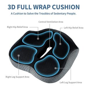 Large Seat Cushion 3D Full Wrap Office Chairs Cushions - Supportive Memory Foam Butt Pillow for Sciatica Pain Relief, Coccyx Seat Cushion for Tailbone Lower Back Pain for Home, Office and Car (Black)