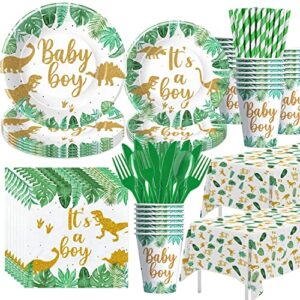hipvvild dinosaur baby shower decorations for boy - jungle safari theme baby shower party supplies include plates, cups, napkins, tablecloth, straws, cutlery, dinosaur baby boy decorations | serve 24